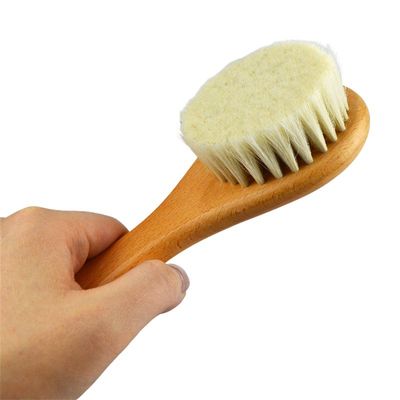 Natürliche weiche Bürsten Wolle Trockene Bürste Holzgriff Baby Haar Bürste Custom LOGO Gesichtskörper Reinigung Bad Werkzeug für Hautmassage