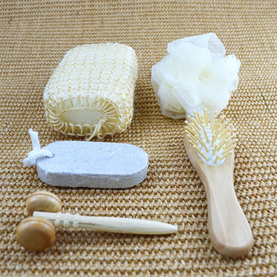 Körperreinigung Holzbad Set mit Haarbürste Bimssteinbad Pouf Sisal Schwamm Massager 6Pcs Spa Bad Schönheit Geschenk Set