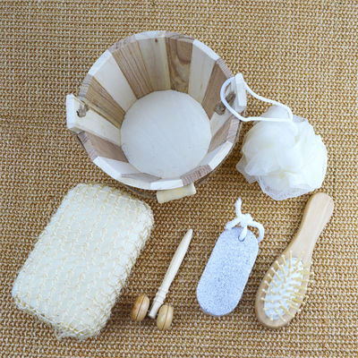 Körperreinigung Holzbad Set mit Haarbürste Bimssteinbad Pouf Sisal Schwamm Massager 6Pcs Spa Bad Schönheit Geschenk Set