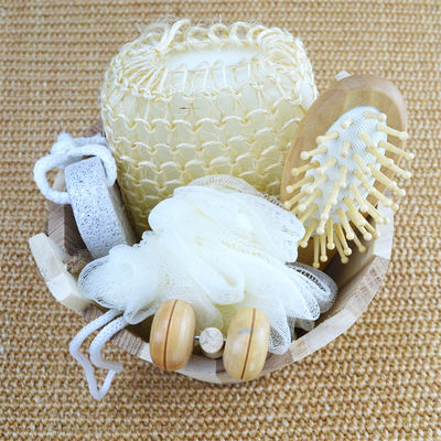 Körperreinigung Holzbad Set mit Haarbürste Bimssteinbad Pouf Sisal Schwamm Massager 6Pcs Spa Bad Schönheit Geschenk Set