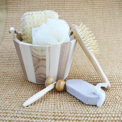 Körperreinigung Holzbad Set mit Haarbürste Bimssteinbad Pouf Sisal Schwamm Massager 6Pcs Spa Bad Schönheit Geschenk Set