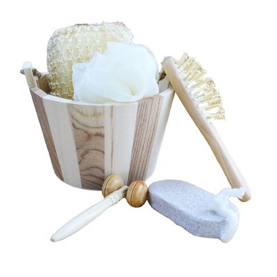 Körpermassagegerät Fassbad Fünfstück mit Bimsstein Gesichtsmassager Shampoo Kamm Toilettsponge und Duschpoof
