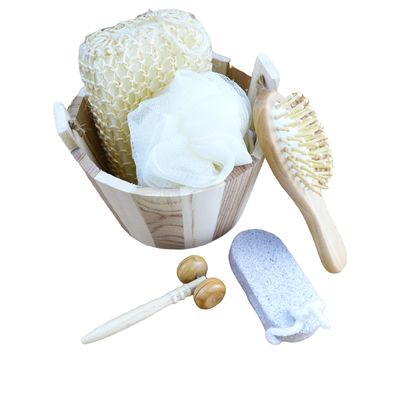 Körpermassagegerät Fassbad Fünfstück mit Bimsstein Gesichtsmassager Shampoo Kamm Toilettsponge und Duschpoof