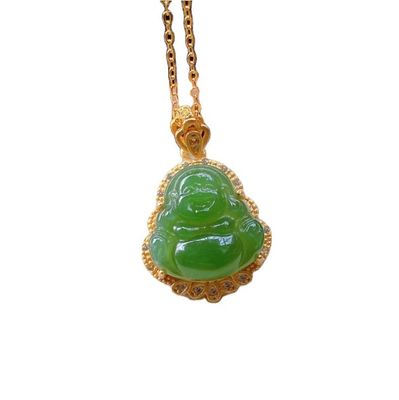925 Silber eingelegt grüner Nephrit Jade Lachender Buddha Halskette Anhänger mit Kristallsteinen und kleine Größe