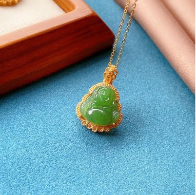 925 Silber eingelegt grüner Nephrit Jade Lachender Buddha Halskette Anhänger mit Kristallsteinen und kleine Größe