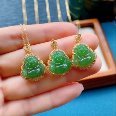 925 Silber eingelegt grüner Nephrit Jade Lachender Buddha Halskette Anhänger mit Kristallsteinen und kleine Größe