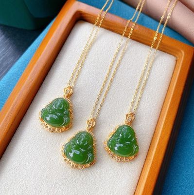 925 Silber eingelegt grüner Nephrit Jade Lachender Buddha Halskette Anhänger mit Kristallsteinen und kleine Größe