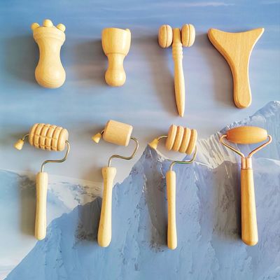 Personalisiertes Logo erhältlichd Buche Gesichts Mini-Skulpturen Werkzeuge Holz Therapie Gesichtsmassage Roller Sets Holz Gesichtstherapie Kits