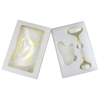 Körpermassager Natürlicher Weißer Jade Stein Gua Sha Schablone Guasha Gesichtsrolle Geschenkbox Set Spa Massagetool Hautpflege Gesichtsschönheitsroutine
