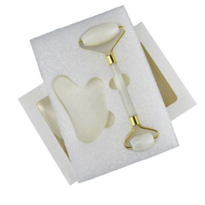 Körpermassager Natürlicher Weißer Jade Stein Gua Sha Schablone Guasha Gesichtsrolle Geschenkbox Set Spa Massagetool Hautpflege Gesichtsschönheitsroutine