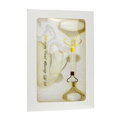 Körpermassager Natürlicher Weißer Jade Stein Gua Sha Schablone Guasha Gesichtsrolle Geschenkbox Set Spa Massagetool Hautpflege Gesichtsschönheitsroutine
