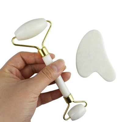 Körpermassager Natürlicher Weißer Jade Stein Gua Sha Schablone Guasha Gesichtsrolle Geschenkbox Set Spa Massagetool Hautpflege Gesichtsschönheitsroutine