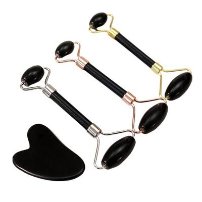 Muskelmassage Custom Schwarzer Bian Stein Gua Sha Schraubbrett Guasha Gesichtsrolle Geschenkbox für Spa Hautpflege Routine