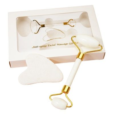 Hautpflege-Tool Natürlicher Weißer Jade Stein Gua Sha Schablone Guasha Gesichtsrolle Geschenkbox Set für Körpermuskeln Massage