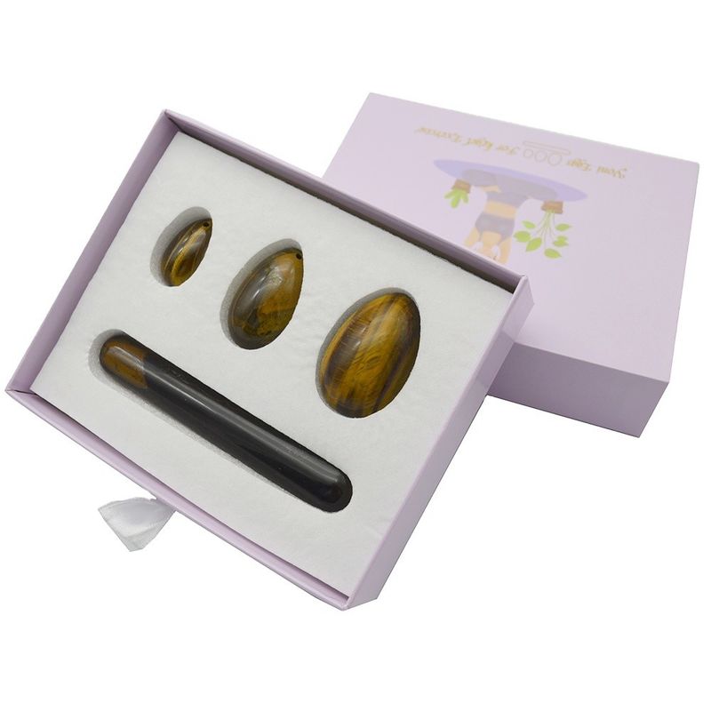 4 Stück Tiger-Auge Bohrerei Yoni Eier und Zauberstab Set mit Box perfekt für Feiertage und Steinschnitzerei Statuen Kollektion