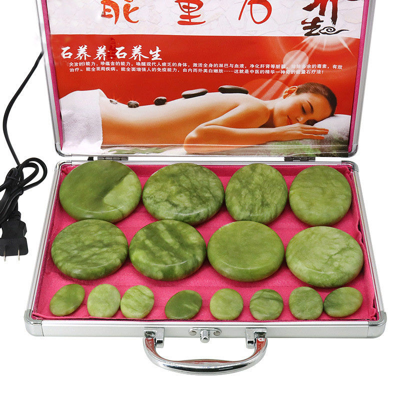 Massagetools Olivenstein Massager Stein mit Aluminium Heizkasten Wärme Massage-Kit Basalt Energie Steine für die Gesundheitsversorgung