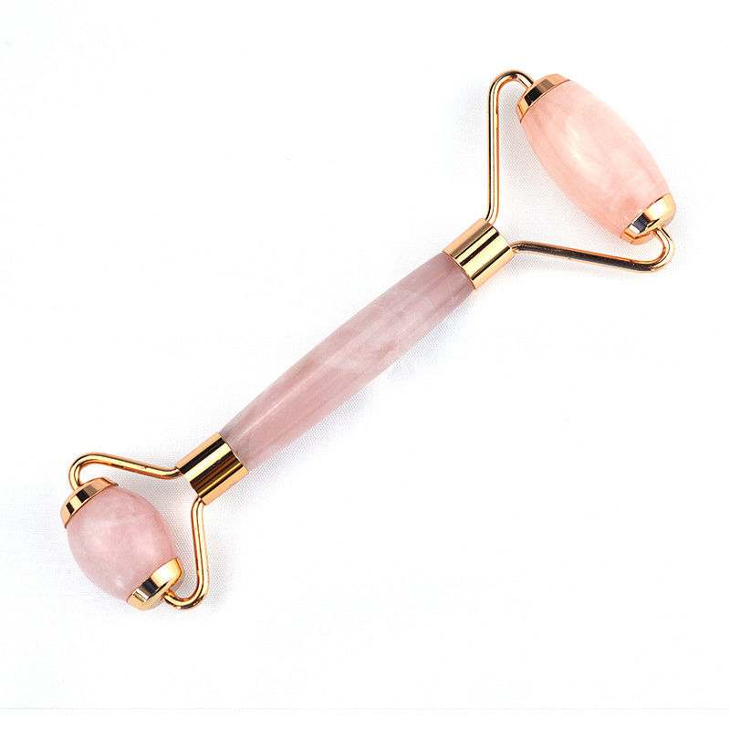 Besonderes Logo verfügbard Natürliches Rose Quarz Gold Griffe Gesichts Jade Roller Rosa Kristall Massager Für Haut Schönheitsbehandlung