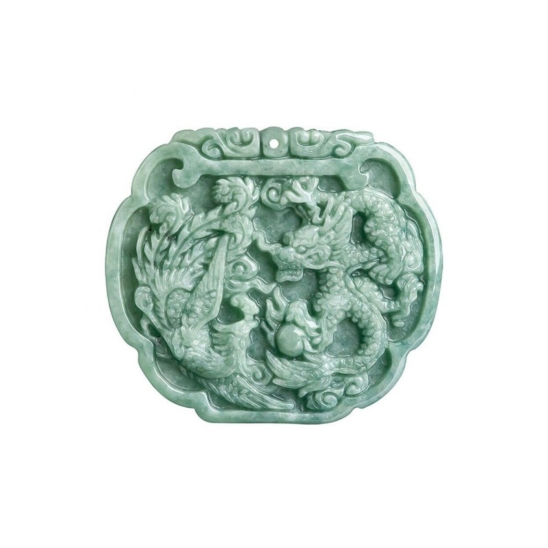 Liebesthema Natürlicher Jadeit Halskette Anhänger im Feng Shui Stil mit Glücksdrachen und Phoenix