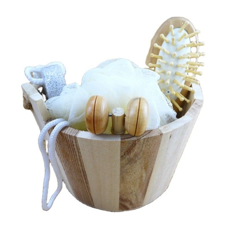 Körperreinigung Holzbad Set mit Haarbürste Bimssteinbad Pouf Sisal Schwamm Massager 6Pcs Spa Bad Schönheit Geschenk Set