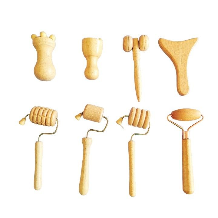 Personalisiertes Logo erhältlichd Buche Gesichts Mini-Skulpturen Werkzeuge Holz Therapie Gesichtsmassage Roller Sets Holz Gesichtstherapie Kits