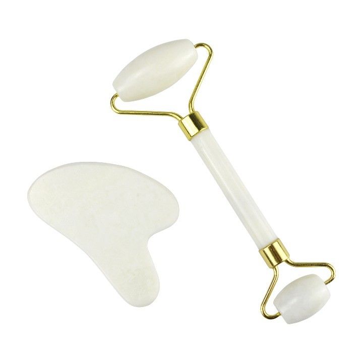 Körpermassager Natürlicher Weißer Jade Stein Gua Sha Schablone Guasha Gesichtsrolle Geschenkbox Set Spa Massagetool Hautpflege Gesichtsschönheitsroutine
