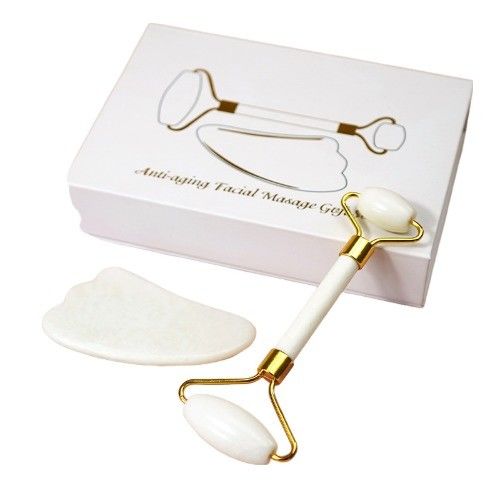 Customized Logo Availabled White Jade Roller And Guasha Set Für Gesichts-Gua Sha Massage Mit Geschenk-Box Für Körpermuskeln